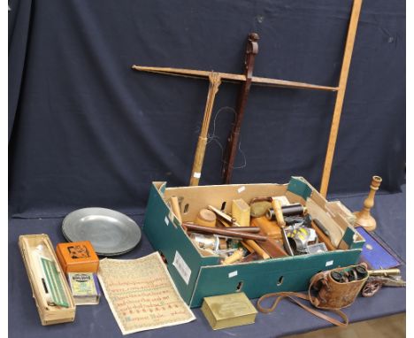 A quantity of mixed collectors items to include; treen items, an unframed 1881 sampler, string box, small quantity of costume