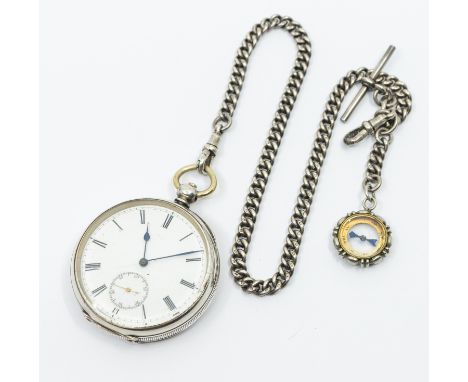 A silver-cased open face pocket watch, comprising a white enamel dial with numeral indices, subsidiary dial at 6, blue steel 