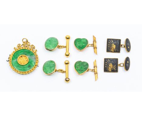Two pairs of Chinese jade and gold cufflinks, comprising an oval pair and a heart shaped pair with foliate decoration and bam