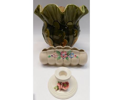 Clarice Cliff small posy vase and a candlestick together with a Bretby Jardiniere , damages to each (3)