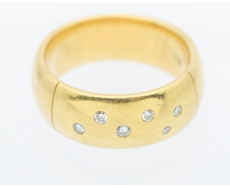 A diamond and 18ct gold ring, comprising a wide band flush set with small round brilliant cut diamonds, width approx 8mm, siz