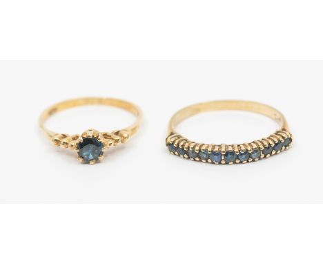 A sapphire and 9ct gold dress ring set with a single round mixed cut sapphire, size approx 4mm, size M, together with a claw 