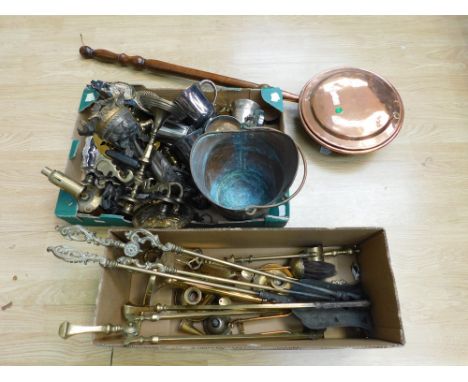 A collection of 19th and 20th Century brass, copper and iron wares to include irons, coal scuttle, horse brass, blow lamp, ca