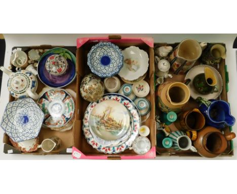 A large collection of mixed ceramics to include; a Doulton Lambeth Disraeli commemorative jug (broken handle), Poole candlest