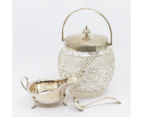 A collection of silver to include:  1. George V silver mounted hobnail cut glass biscuit barrel and cover, the silver hallmar
