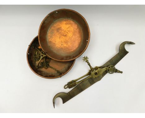 A large pair of brass and copper Maltese scales , wear , dents etc