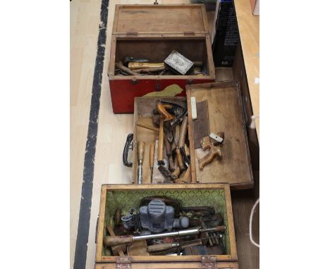 Three boxes of early 20th century and later manual hand tools together with&nbsp; tool box and two painted wooden storage box