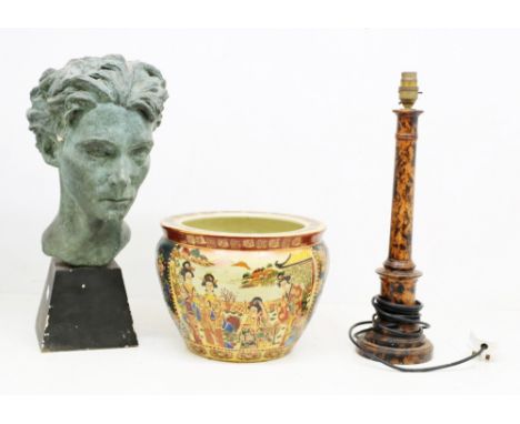 A mid 20th Century plaster bust, Japanese satsuma fish bowl and a table lamp.