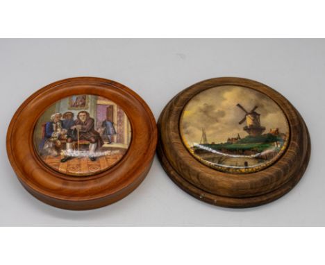 A collection f six 19th century ceramic pot lids, five with wooden surrounds, to include Shakespeares House, The Shepherdess,