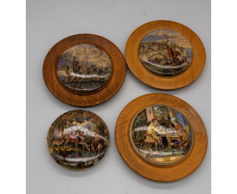 A collection of six 19th century ceramic pot lids, all with Wooden surrounds to include A pair - Thames Embankment, both alik