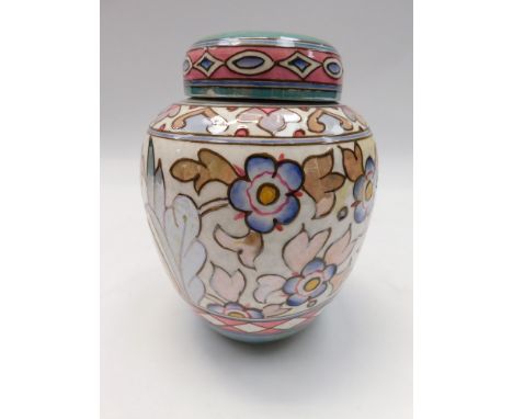 A Charlotte Rhead for Bursley Ware ceramic ginger jar with floral design, approximately 16cm high. Condition: chip to cover, 
