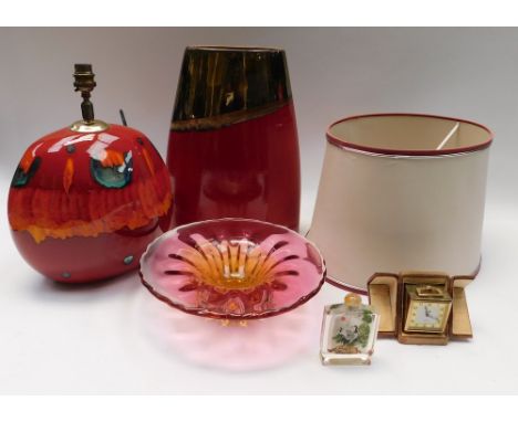 A Poole pottery lamp base with shade , Fitted but untested, together with a large vase decorated with red glaze and gilt top 