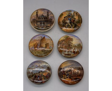 A collection of eight 19th century ceramic pot lids to include Paris Exhibition1878, Harbour of Hong Kong,The Wolf and the La