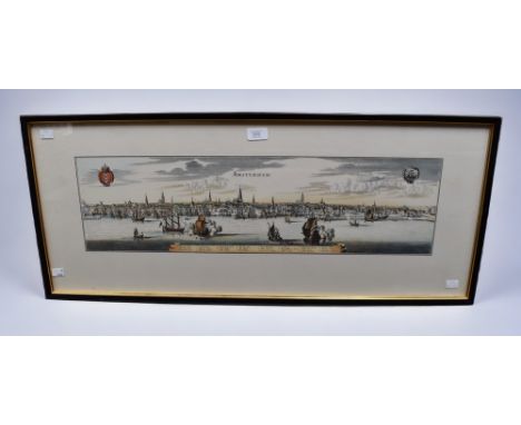 A framed 18th Century etching of the city of Amsterdam.