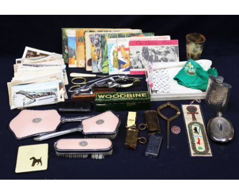 A mixed collectors lot containing cigarette cards, early 20th Century handkerchief, dressing table set, brass tongues, milita
