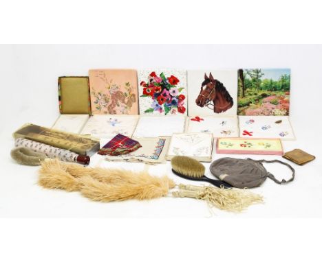 A collection comprising: an engine-turned early 1950s compact; an Edwardian cream/mushroom feather boa, 1940; baby brush; 192