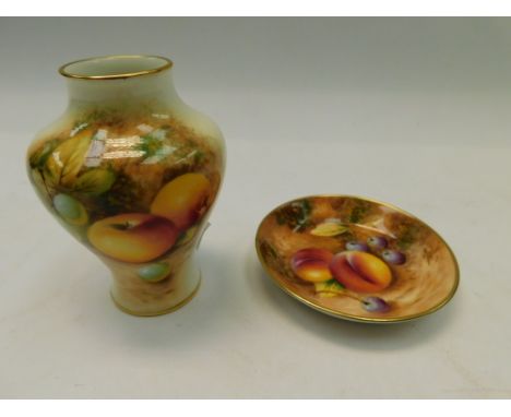 A mid twentieth Century Royal Worcester vase decorated with Fruit with a gilded rim and foot , signed by F Roberts , together
