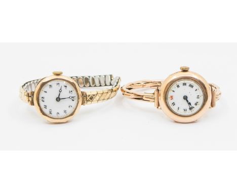 Two ladies early 20th century 9ct gold wristwatches, both with white enamel dials, one Arabic the other numerals indices, bot
