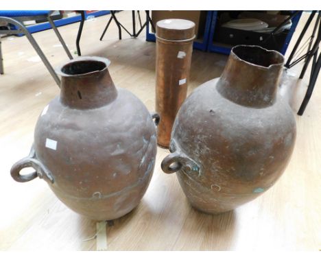 A pair of 18th Century brass/bronze containers with studded body, two chain or rope handles, great decorative pieces along wi