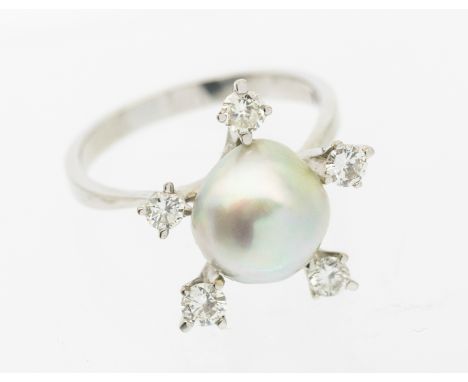 A cultured pearl and diamond 18ct white gold ring, comprising an off round south sea light grey cultured pearl, size approx 1