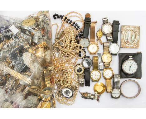 A large collection of vintage costume jewellery to include a 9ct gold cross a/f missing loop, weight approx 0.5gms, silver ba