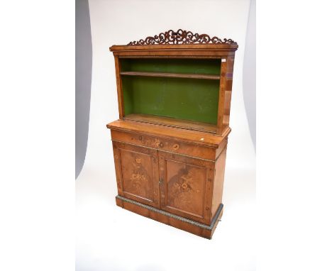 Victorian inlayed ornate chiffonier with gallery and shelf top above single drawer over two cupboard doors with floral inlay.