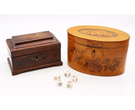 A 19th century satinwood tea caddy, of oval form, with shell designed inlayed panel to hinged lid, and foliage and bow inlay 