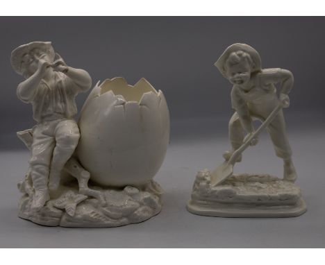 A collection of continental and Royal Worcester porcelain blanks figures and spill vases, 1 with restoration (5)