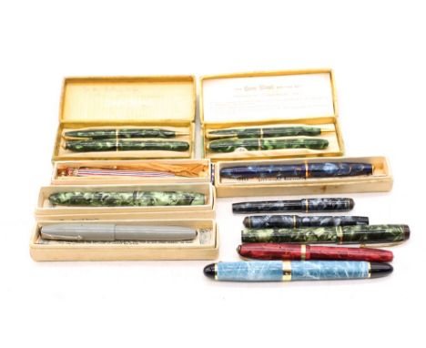A collection of mixed pens to include mostly Conway Stewart, including a cased Conway Stewart writing set x2, both in green m