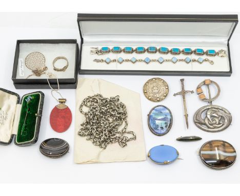 A collection of silver and white metal jewellery including Scottish Celtic brooch, Edinburgh 1937, Shipton & Co, Scotland, a 