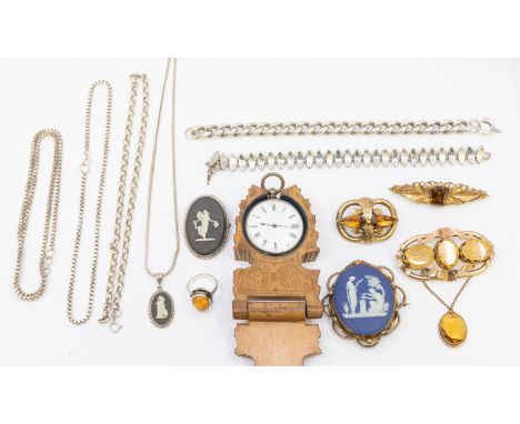 A small collection of costume jewellery including a silver and amber ring, silver Wedgwood pendant and chain, along with silv