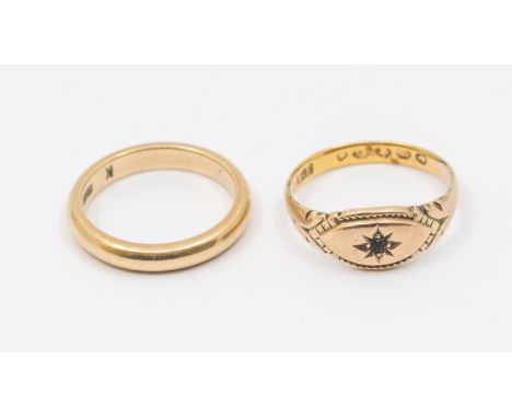 A 9ct gold D section band, width approx 3mm, size K, weight approx 3gms, along with a stone set 9ct gold ring, size M1/2, tot
