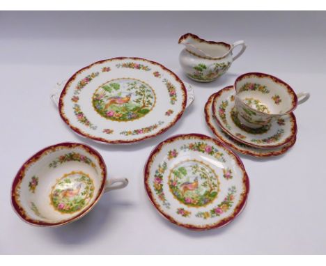 A part tea service by Royal Albert in 'Chelsea Bird'. Most good some with wear