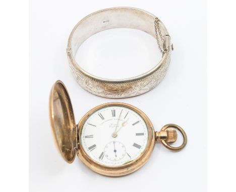 A gold-plated hunter pocket watch by Lancashire watch company, Prescot England, white enamel dial with subsidiary dial at 6, 