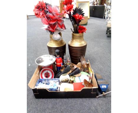 A box of set of kitchen scales, treen, glass ware, figures together with metal vice and pair of contemporary vases 