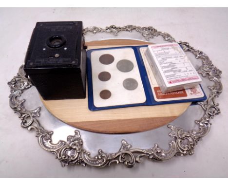 A silver plated tray together with a Hawkeye camera, decimal coin set and pack of silver jubilee playing cards 