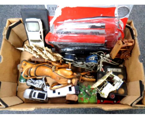 A box of plastic and die cast vehicles, 1:8 scale engine with coach etc 