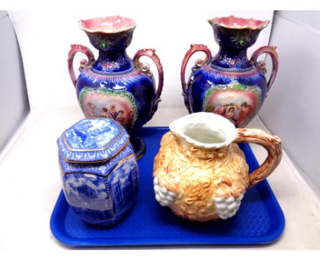 A tray of Ringtons blue and white caddy, pair of antique transfer printed vases, jug
