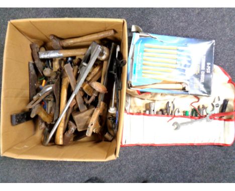 A box of vintage hand tools, Stanley no.4 woodworking plane, chisel set and spanner set 