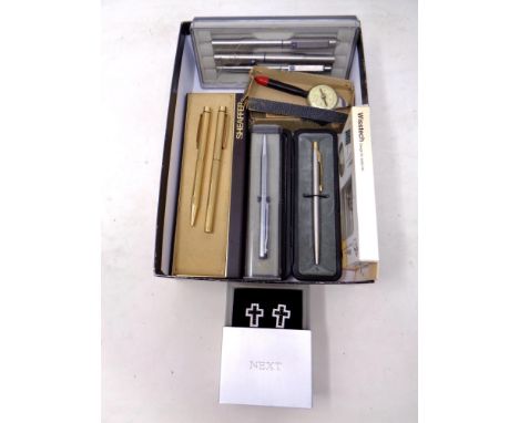 A box of Sheaffer pens, further pens including Parker, pocket compass/map measurer, pair of cufflinks and smart phone ring ho