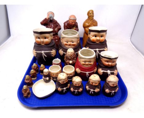 A tray of West German Goebel figures of monks including character jugs, sifters etc 