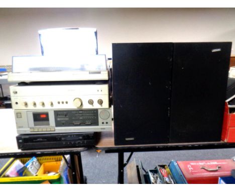 Four hifi seperates by Technics, Hitachi, Akai and Sharp together with a pair of teak cased Solavox speakers 
