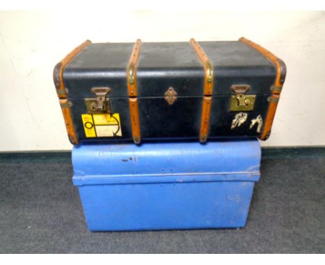 A tin trunk together with a bentwood shipping trunk 