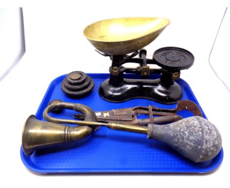 A tray of antique scales, pair of shears, brass horn 