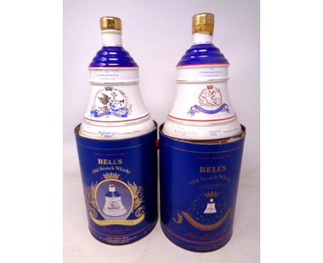 Two Bells Old Scotch Whisky decanters commemorating the birth of Princess Beatrice and Eugenie, both sealed in boxes. (2)