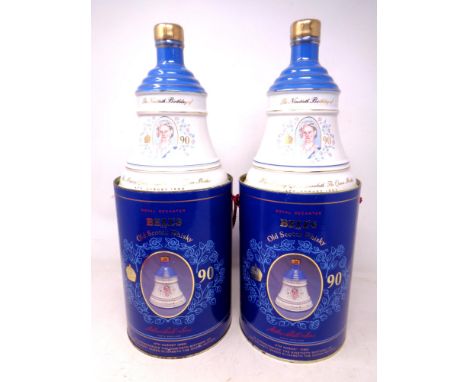 Two Bells Old Scotch Whisky decanters - The 90th Birthday of The Queen Mother, both sealed in boxes. (2)