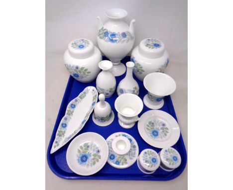 A tray of Wedgwood Clementine pattern porcelain including ginger jars, twin handled vase, dwarf candlestick, trinket dish etc