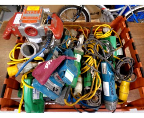 A crate of assorted power tools including Makita, Bosch, Hitachi etc  CONDITION REPORT: Lot 622 - 653 are items found in a st