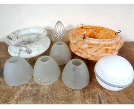 A box of two Art Deco marble glass light shades, further frosted and clear glass shades 
