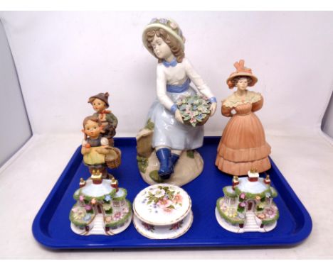 A tray of assorted figures including Coalport, Nadal and Goebel, lidded trinket box 